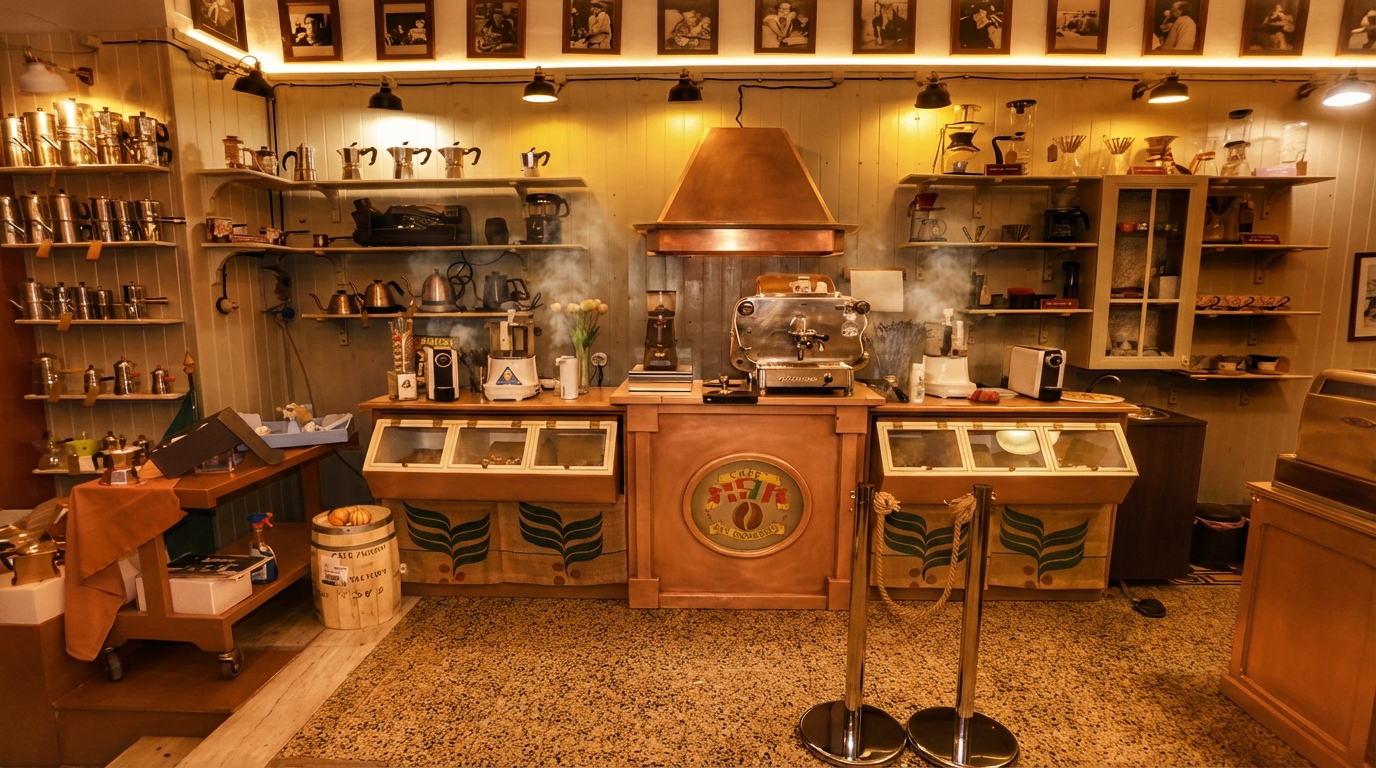 Scaffali della bottega con prodotti artigianali e sacchi di caff\u00e8 brasiliano