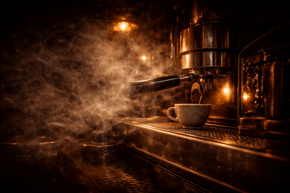 Macchina espresso artigianale con vapore dorato